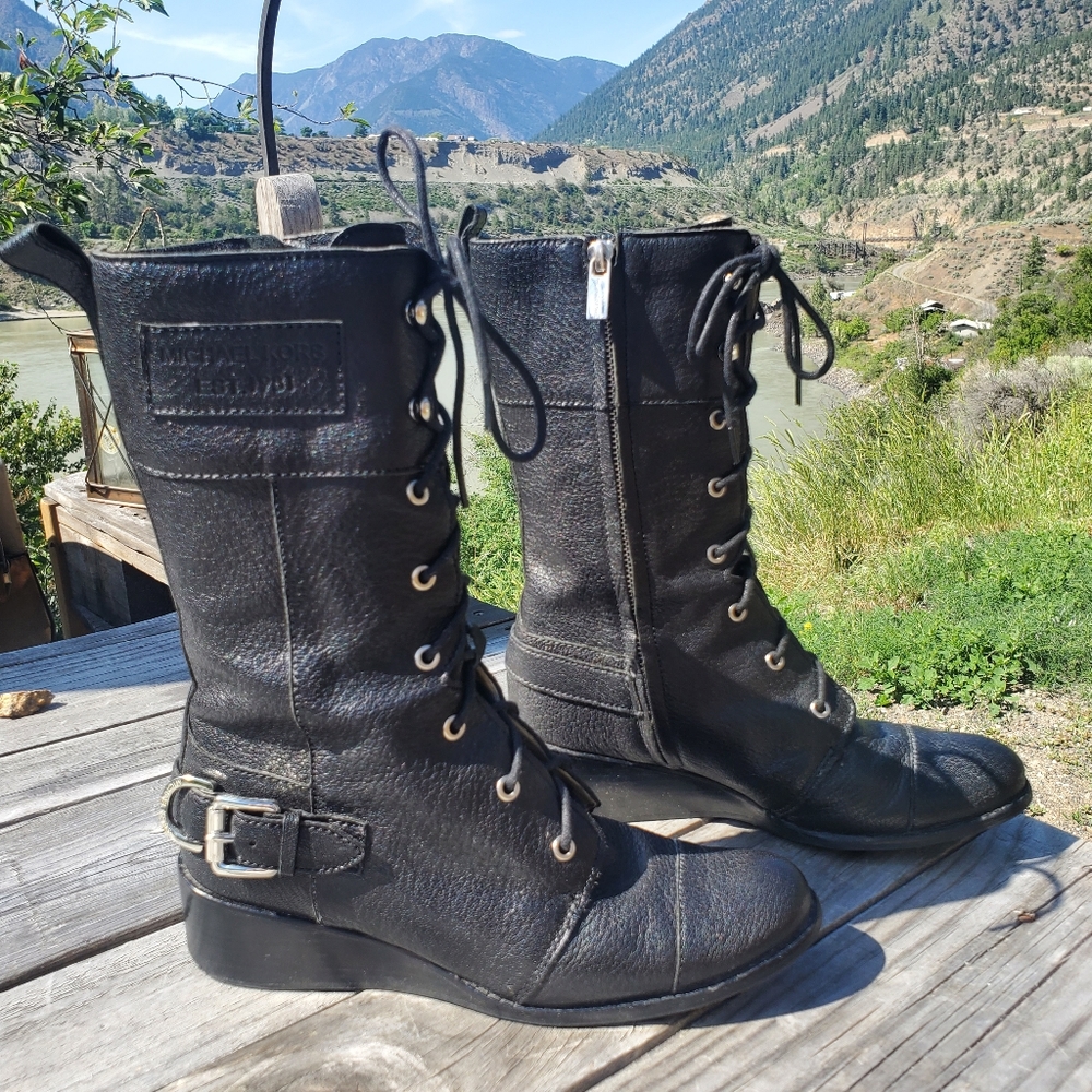 Michael Kors Black Leather Combat Boots Lace Up Mid Calf Biker Zip Size 6.5 to 7
